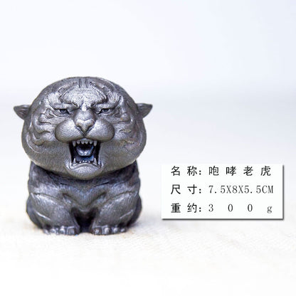 Adorable Mini Tiger Figurine Made of Creative Faux Cast Iron "Calling Mom Tiger," Tea Pet Ornament, Handmade Solid Sculpture