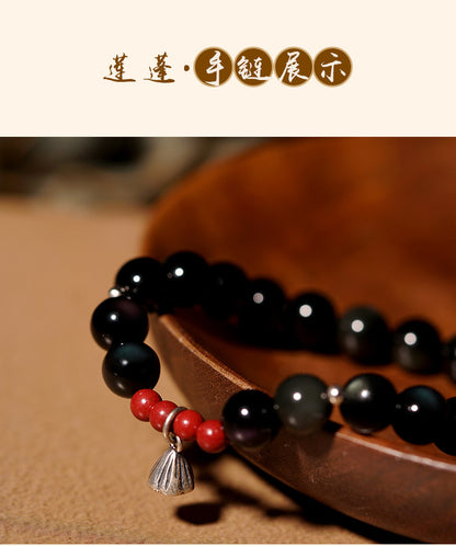 Natural Obsidian Buddha Bead Lotus Pod Bracelet