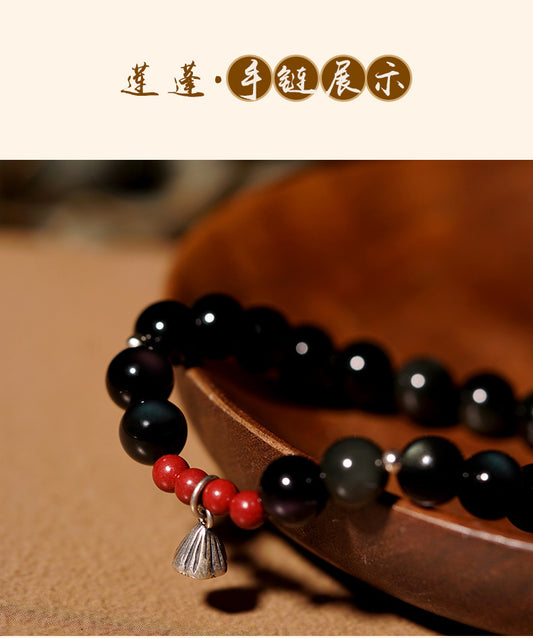 Natural Obsidian Buddha Bead Lotus Pod Bracelet