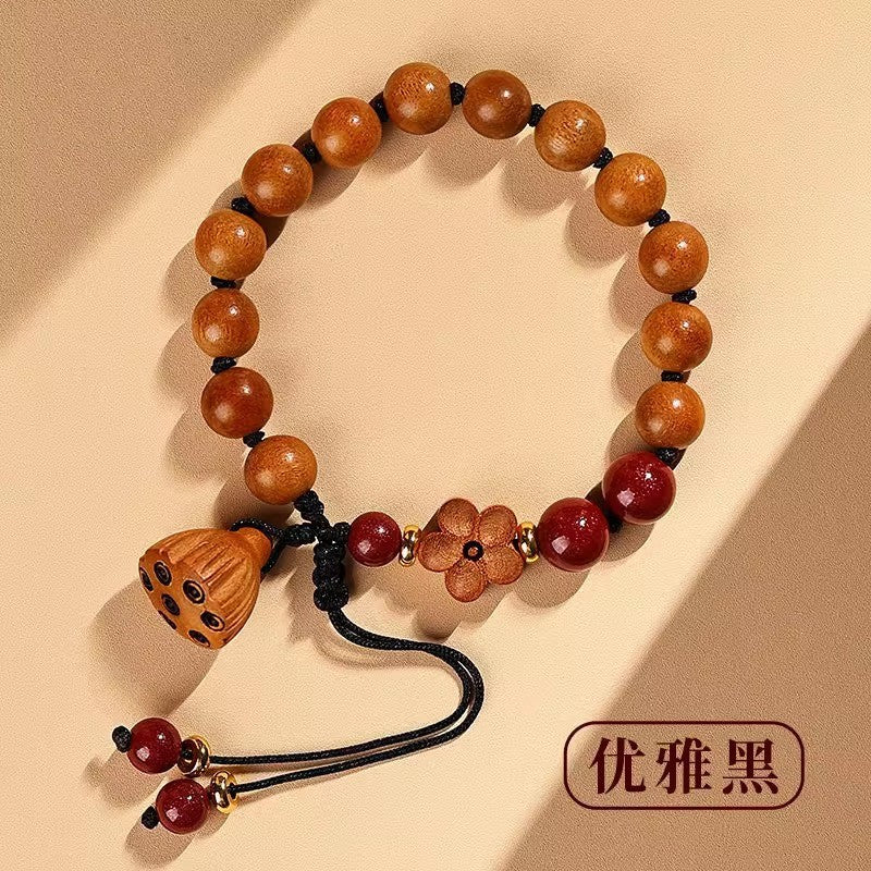 Natural Lotus Seed Pod Pendant Peach Wood Bracelet