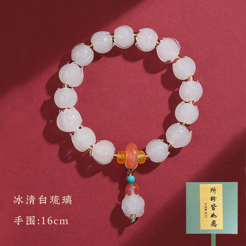 Buddhist Bead Bracelet with Lotus and Guardian Lion in Ice-Clear White Glass · Hangzhou Temple Twilight Mountain Purple Scented Gray Glass Bracelet