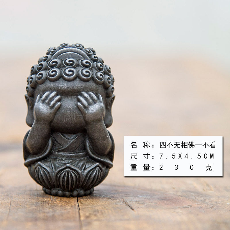 New Chinese-Style National-Inspired Four-No-Face Zen Buddha Ornament, Handcrafted Cast Iron Imitation Decor for Study Room and Home, Tea Pet