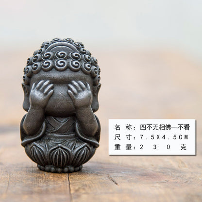 New Chinese-Style National-Inspired Four-No-Face Zen Buddha Ornament, Handcrafted Cast Iron Imitation Decor for Study Room and Home, Tea Pet