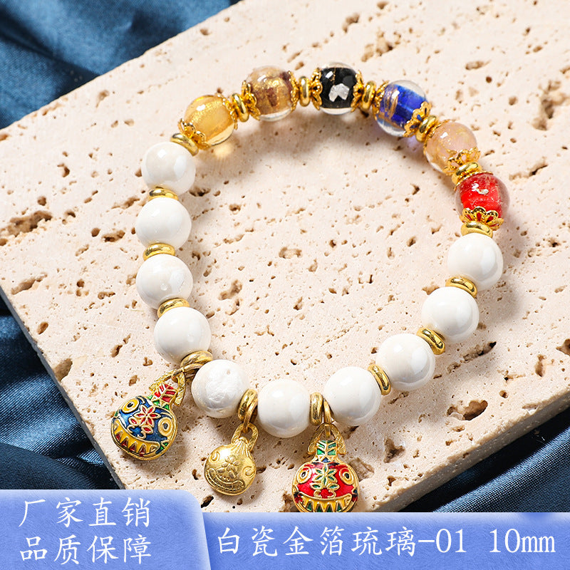 Macaron Gray and Pink Porcelain Beads with Loop Design and Lucky Charm Beads Bracelet, Beijing Ash-Glazed Porcelain Gold Foil Glass Bracelet