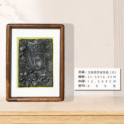 Manjushri Bodhisattva Cast-Iron Relief in Solid Wood Frame: Decorative Wall Art and Desktop Accent for Interior Design