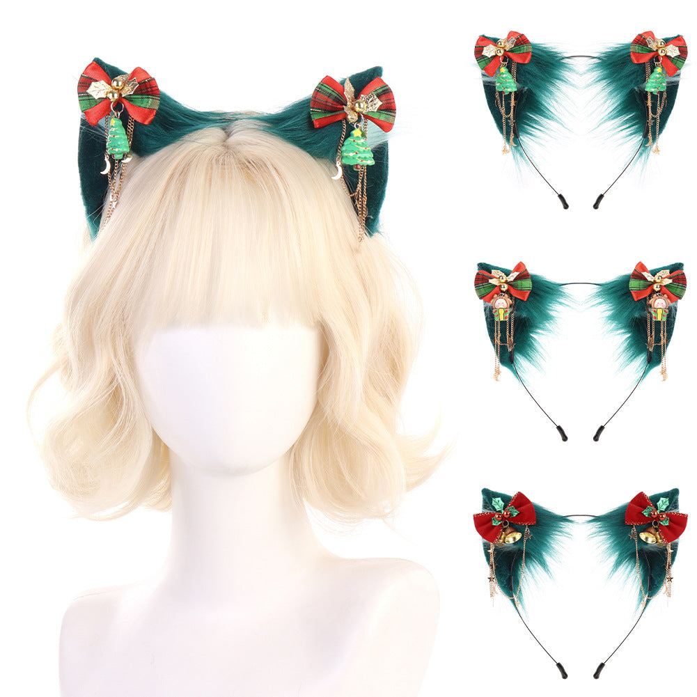 Christmas Furry Cat Ear Headband – Handmade Green Cosplay Kitty Ears with Holiday Bows & Charms