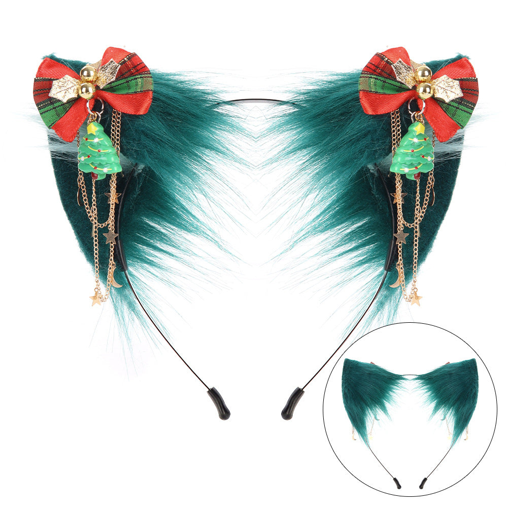 Christmas Furry Cat Ear Headband – Handmade Green Cosplay Kitty Ears with Holiday Bows & Charms