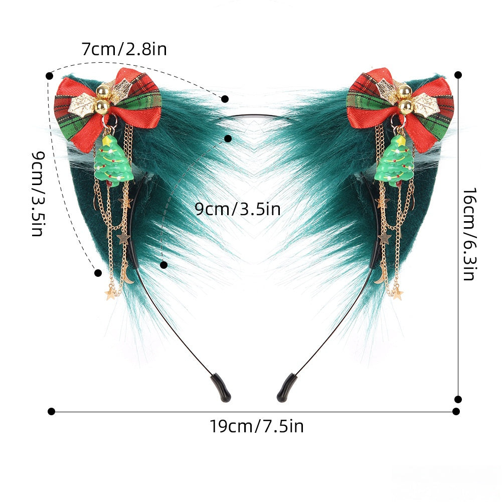 Christmas Furry Cat Ear Headband – Handmade Green Cosplay Kitty Ears with Holiday Bows & Charms