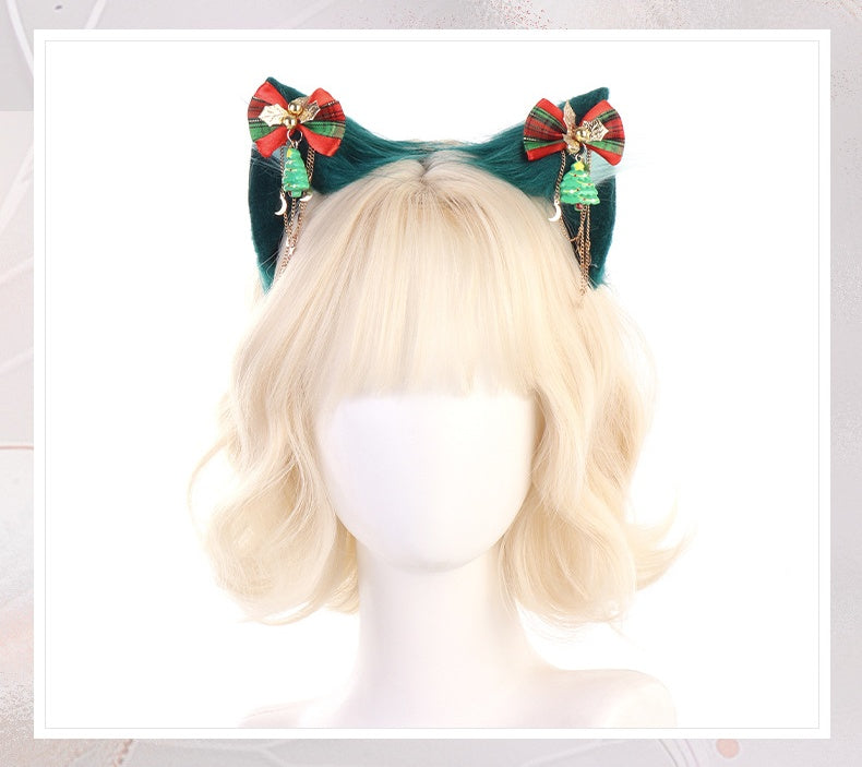 Christmas Furry Cat Ear Headband – Handmade Green Cosplay Kitty Ears with Holiday Bows & Charms