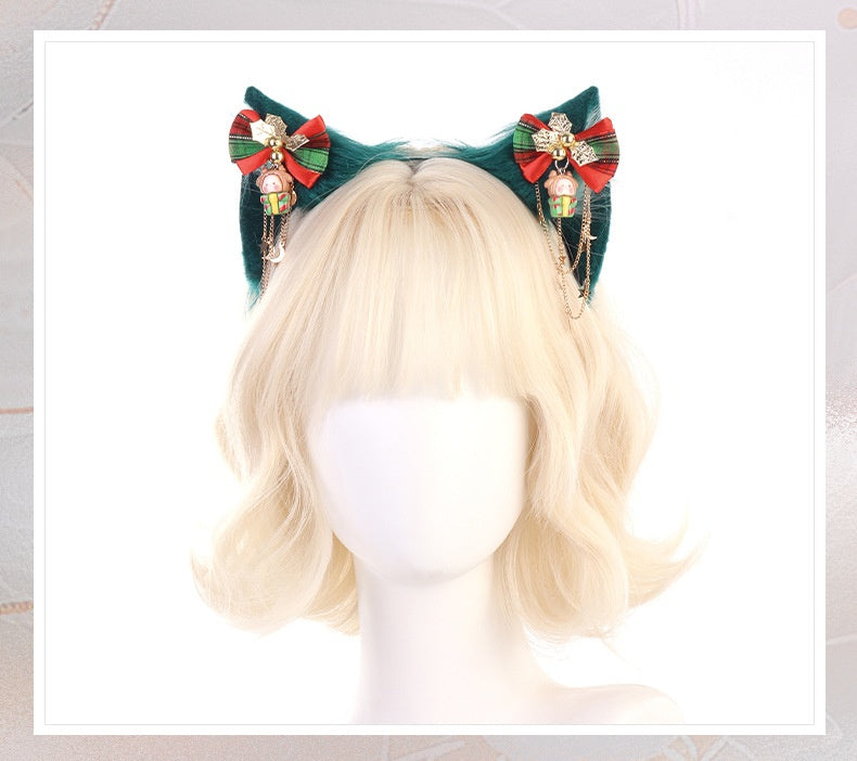Christmas Furry Cat Ear Headband – Handmade Green Cosplay Kitty Ears with Holiday Bows & Charms
