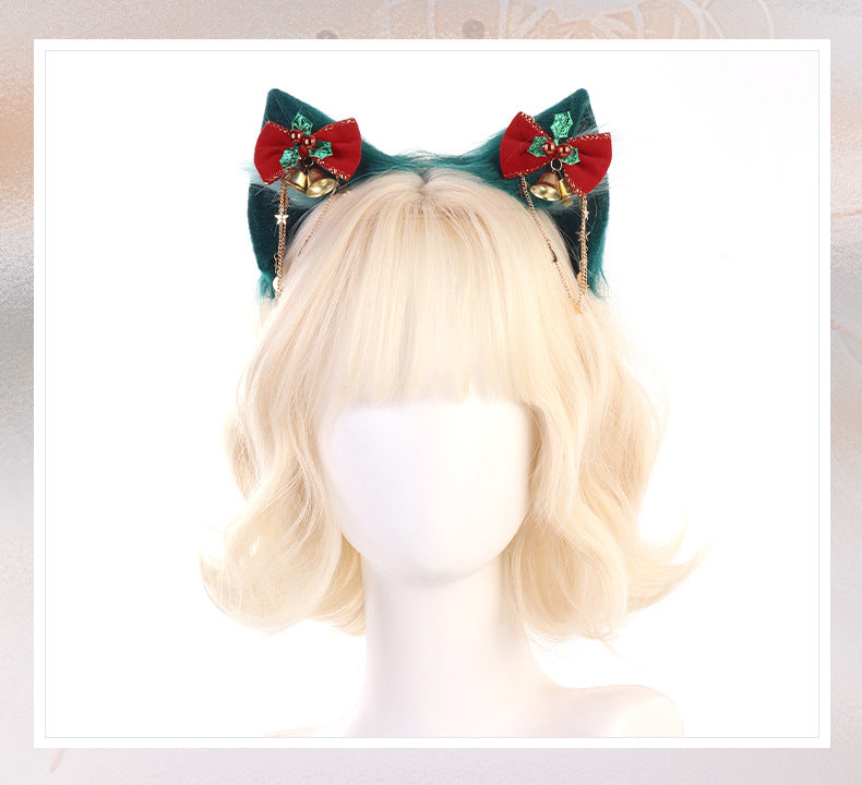 Christmas Furry Cat Ear Headband – Handmade Green Cosplay Kitty Ears with Holiday Bows & Charms